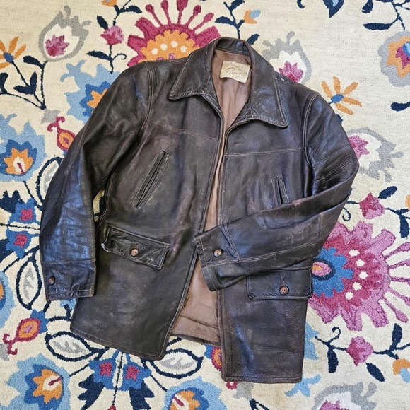 Penney's Towncraft Other - Vintage Penneys Towncraft Leather Car Coat Brown 50s 60s Talon Zip Distressed